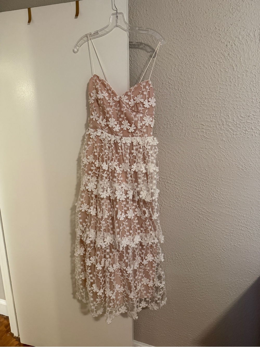 Spaghetti Strap Lace Tiered Midi Dress in Blush with White Appliqué